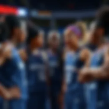 WNBA players engaged in a heated discussion A group of WNBA players in uniforms discussing passionately during a game.