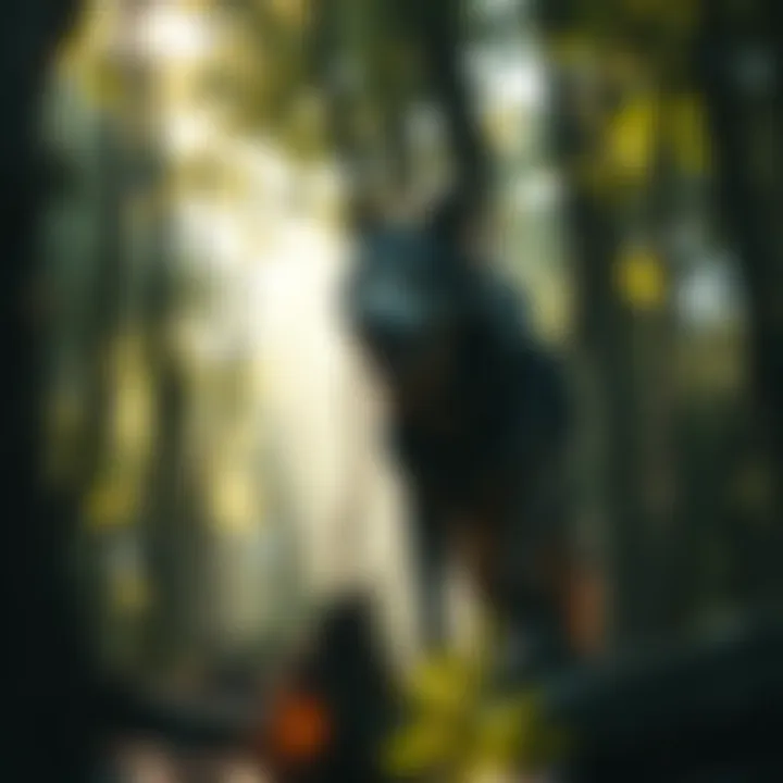 A wolf-like creature resembling a Dogman stands in a dense forest, surrounded by trees, as sunlight filters through the leaves.