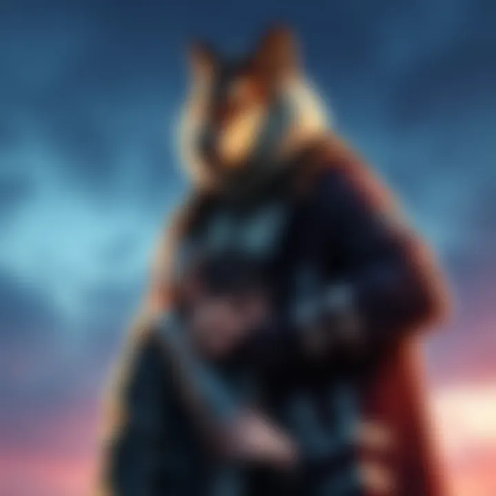 A tall, confident man with wolf-like features stands next to a person looking happy and comforted, symbolizing attraction and connection.