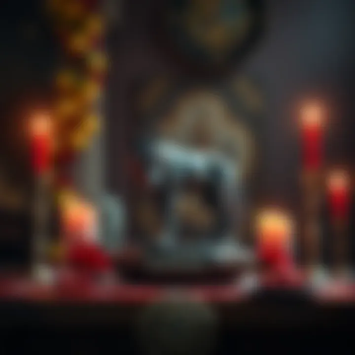 A wolf figurine placed on an ornate altar with offerings and candles for Persephone.