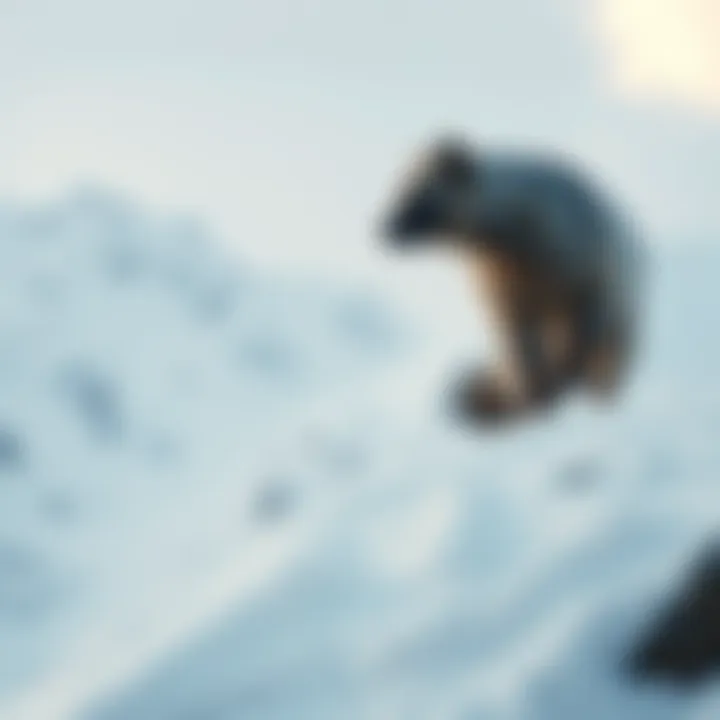 A wolverine standing on a snowy mountain terrain, looking alert as it surveys the area, symbolizing its possible role in the Dyatlov Pass incident.