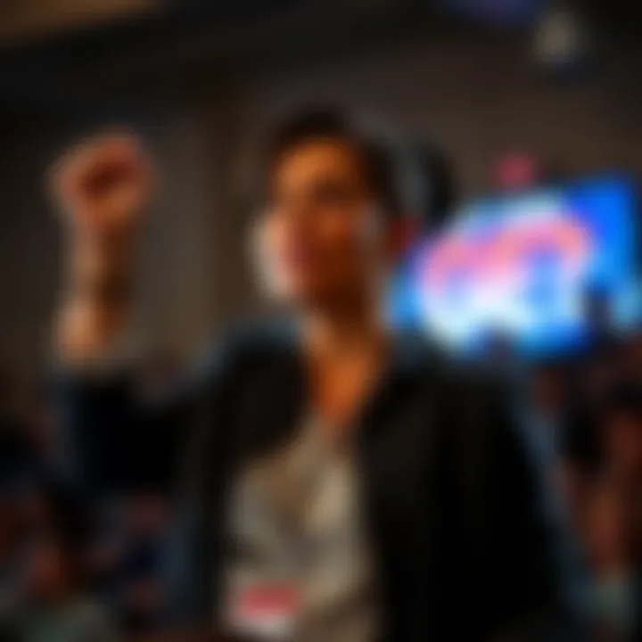 A determined woman speaking at an event, raising her fist in solidarity, representing strength and advocacy for those with rare genetic disorders.