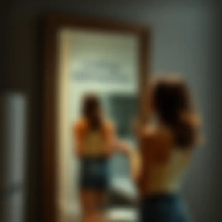 A woman stands in front of a mirror, confidently reciting affirmations about her ideal body shape and self-image.