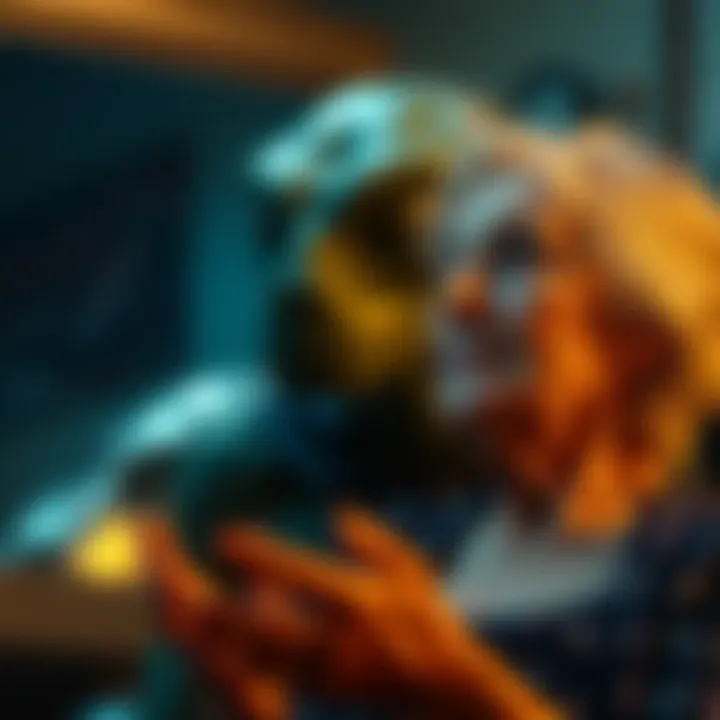 A woman in her 60s sharing her experience of an alien abduction, with a reptilian figure partially visible in the background, appearing disguised in an alien mask.