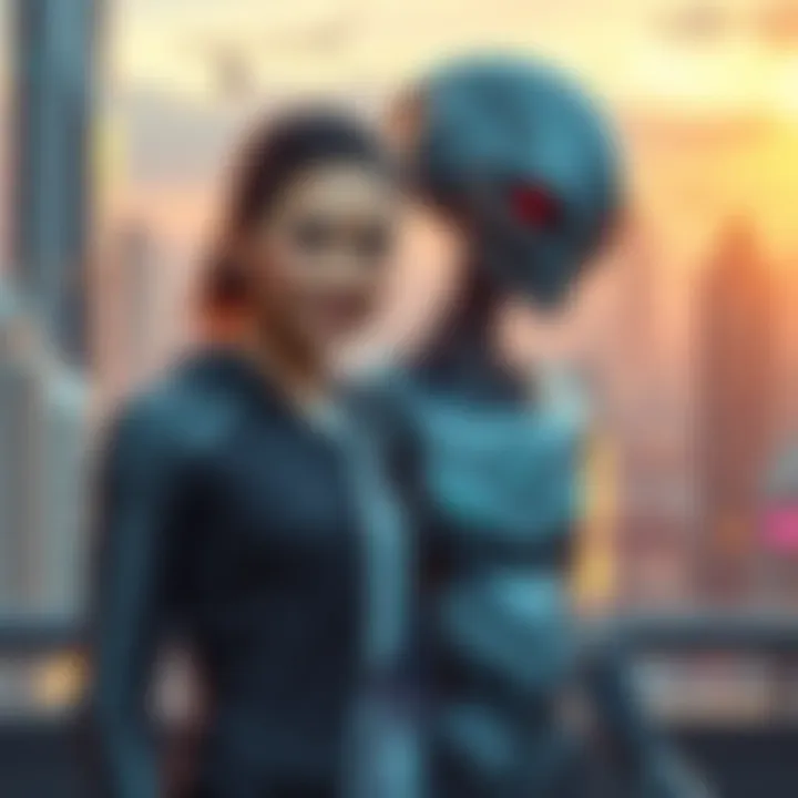 Woman with Alien Robot Family A woman stands beside a handsome alien robot and their extraordinary son in a futuristic cityscape, showcasing their unique family dynamic.