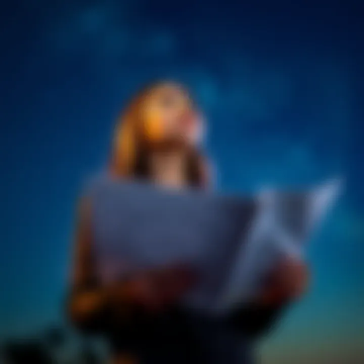 A 26-year-old woman looks up at a starry night sky while holding astrological charts in her hands, symbolizing her search for love advice.