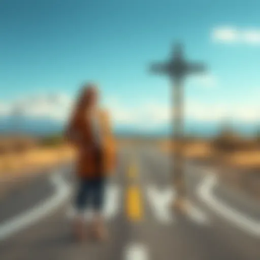 A 33-year-old woman stands thoughtfully at a crossroads, symbolizing her journey toward marriage and family while balancing her career. She looks hopeful and determined, with a gentle smile, dressed p...