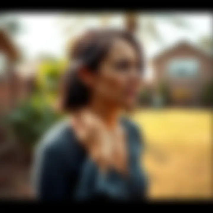 A woman standing in her backyard looking alarmed as she touches her neck, showing signs of fear and confusion