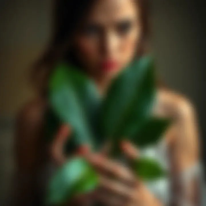 A woman with bay leaves in her hands, looking heartbroken as she reflects on her failed love spell