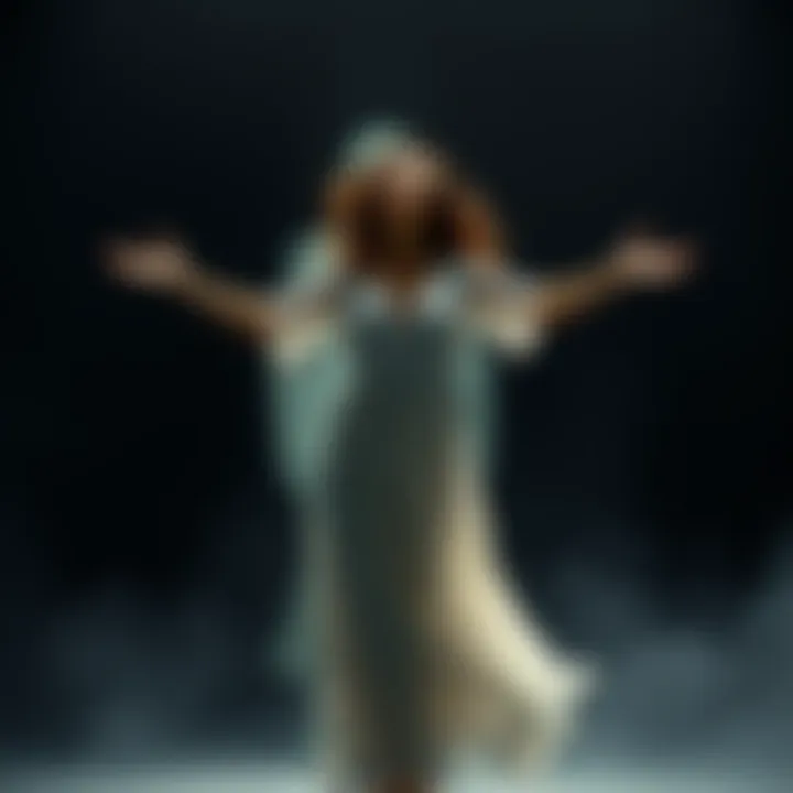A woman stands with arms outstretched, swaying gently as she uses her body to find answers, with a ghostly figure faintly visible behind her, creating a mystical atmosphere.