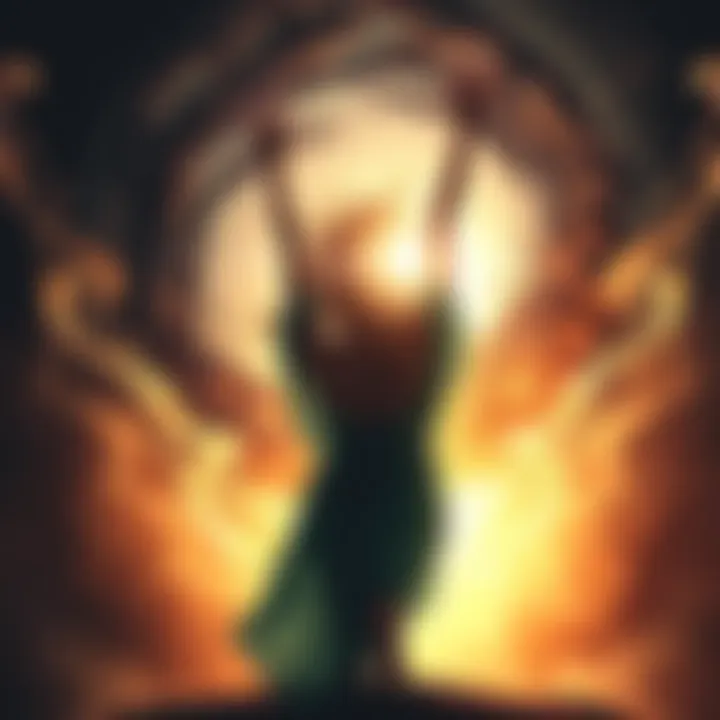 A woman surrounded by swirling dark energy, symbolizing a curse, raises her arms as she steps into a bright light, representing freedom and renewal.