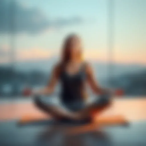 A woman sitting cross-legged, practicing breathwork meditation in a serene environment, promoting calmness and relaxation.
