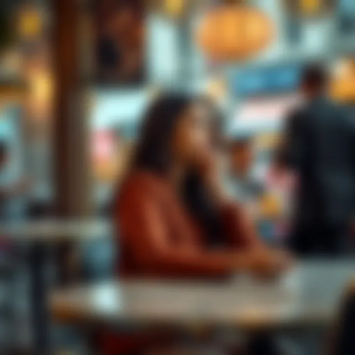 A woman sitting at a café table, looking thoughtful as she watches people around her, reflecting on her dating experiences.