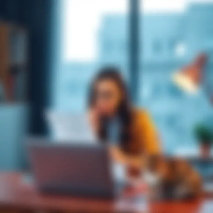 A woman sitting at a desk with a laptop, looking thoughtfully at career advice documents, with a cat nearby