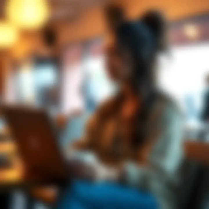 A 29-year-old woman sits in a cozy cafe, looking thoughtfully at a laptop while holding a cup of coffee, symbolizing her search for clarity in life decisions.