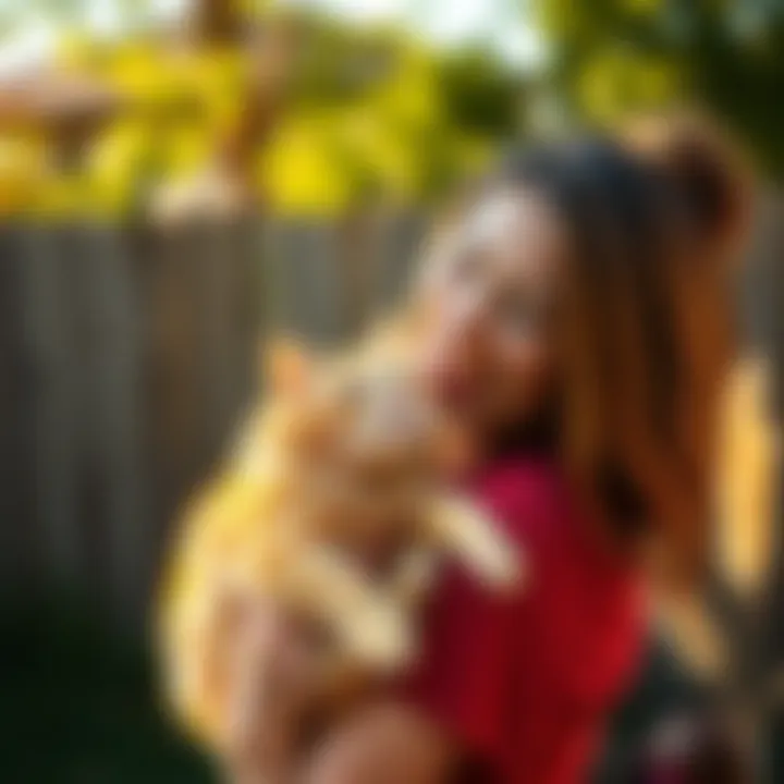 A woman joyfully holds her orange cat, Marcus Aurelius, in her yard after a year apart. Both appear happy and relieved in the sunny setting.