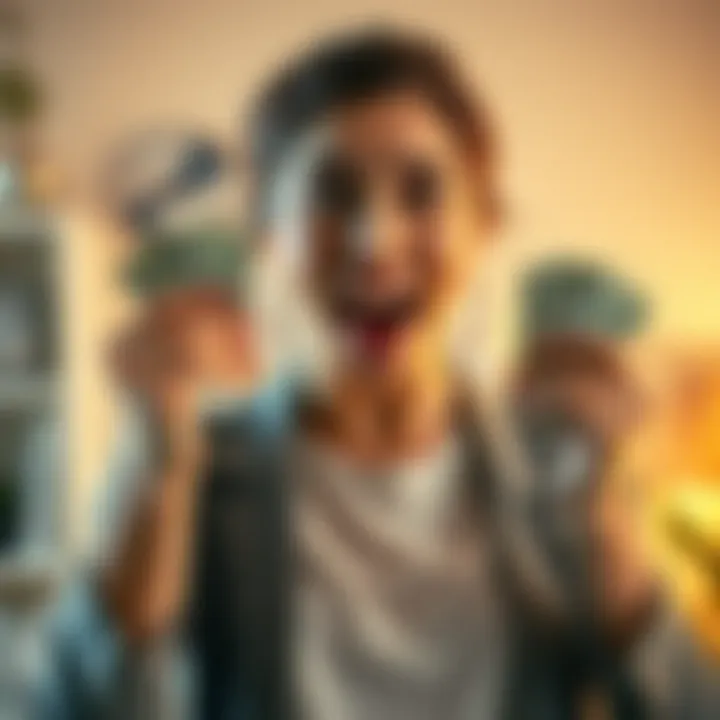 A woman joyfully holding cash with a surprised expression after receiving unexpected money from a landlord