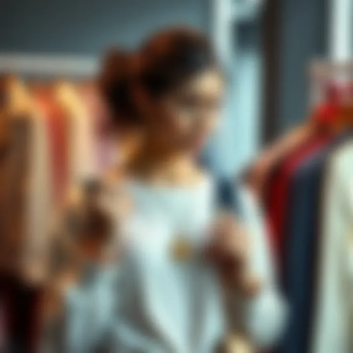 A woman looks at different clothing options while holding a Venus symbol necklace, reflecting personal style influenced by astrology.