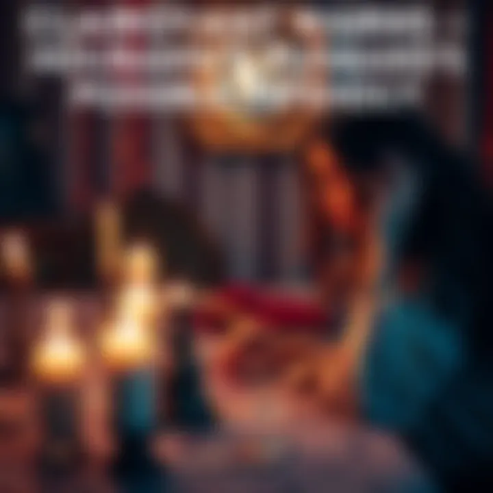 A woman sitting at a table across from a clairvoyant, surrounded by candles and tarot cards, looking anxious about her husband's potential infidelity.