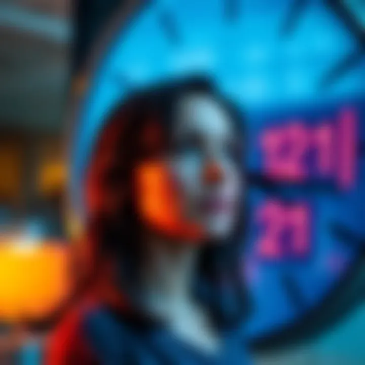 Woman looking at clock with repeating numbers A woman gazes thoughtfully at a clock showing numbers like 12 and 21, pondering their significance