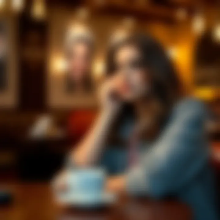 A woman sitting alone in a cozy cafe, looking thoughtful and confused after a kiss, with a coffee cup in front of her.