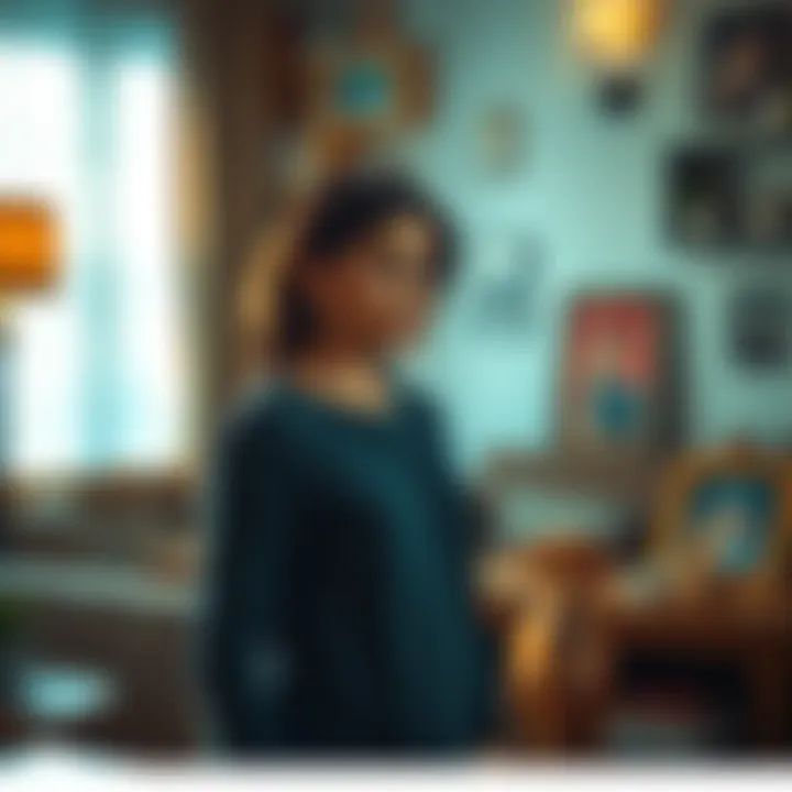 A woman stands in her living room, looking puzzled as she glances at her pet and a family photo, with an anxious expression on her face.