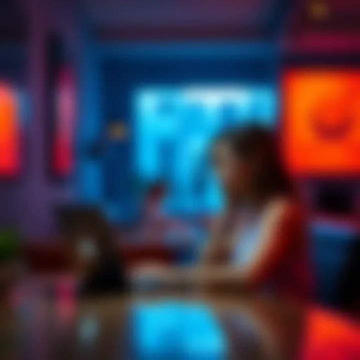 A woman sits at a table, looking thoughtfully at her laptop screen, contemplating a bonus offer related to yoga instruction.