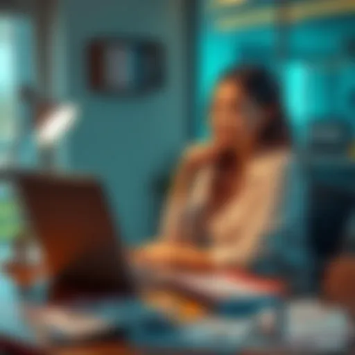 A young woman sitting at a desk, looking thoughtfully at a laptop with job listings and university brochures spread out around her.