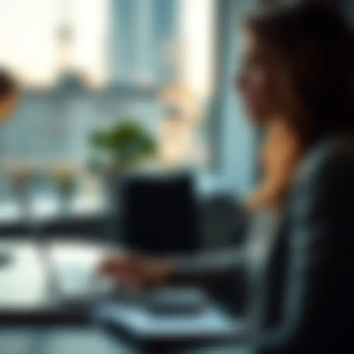 A woman sits at a desk with a laptop and notepad, thinking about her career choices between employment and freelancing in Toronto.