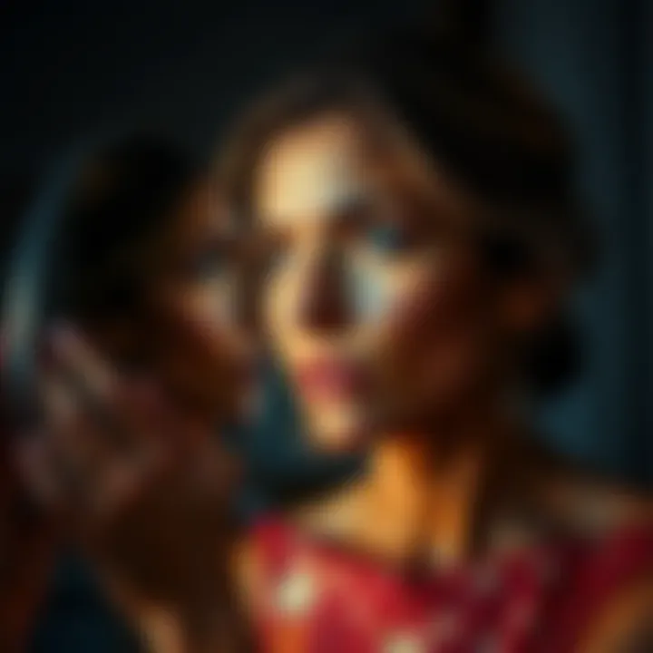 A woman looks in the mirror with a pensive expression, reflecting on her struggle with aging and beauty, showcasing vulnerability and self-reflection.