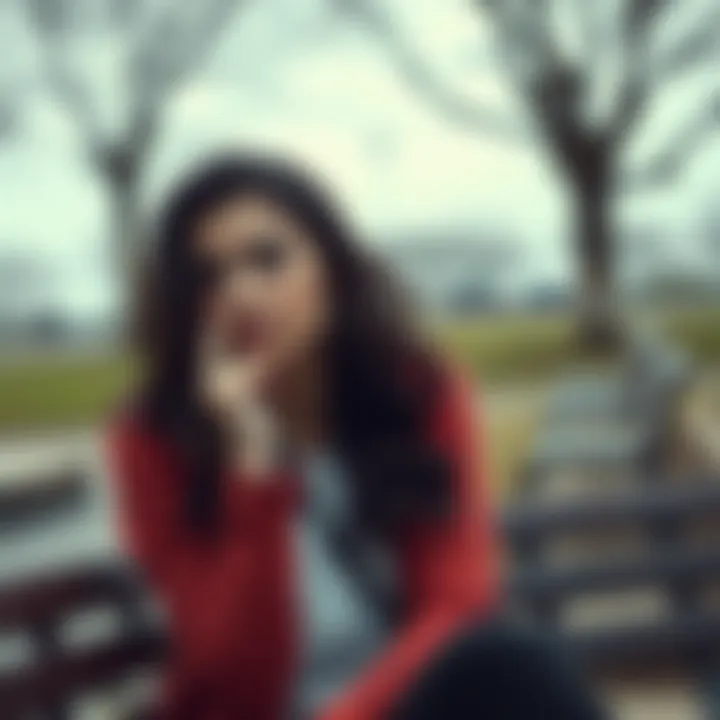 A thoughtful 29-year-old woman sitting alone, looking pensive about her love life, with a backdrop of empty park benches
