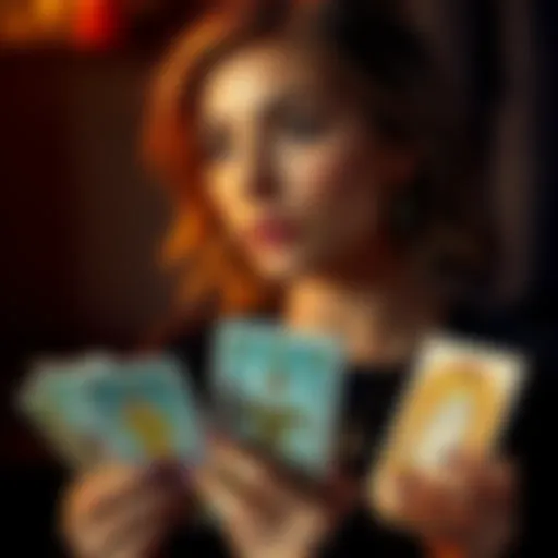 A woman looking thoughtful while holding tarot cards, reflecting on her relationship decisions.