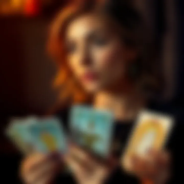 A woman looking thoughtful while holding tarot cards, reflecting on her relationship decisions.