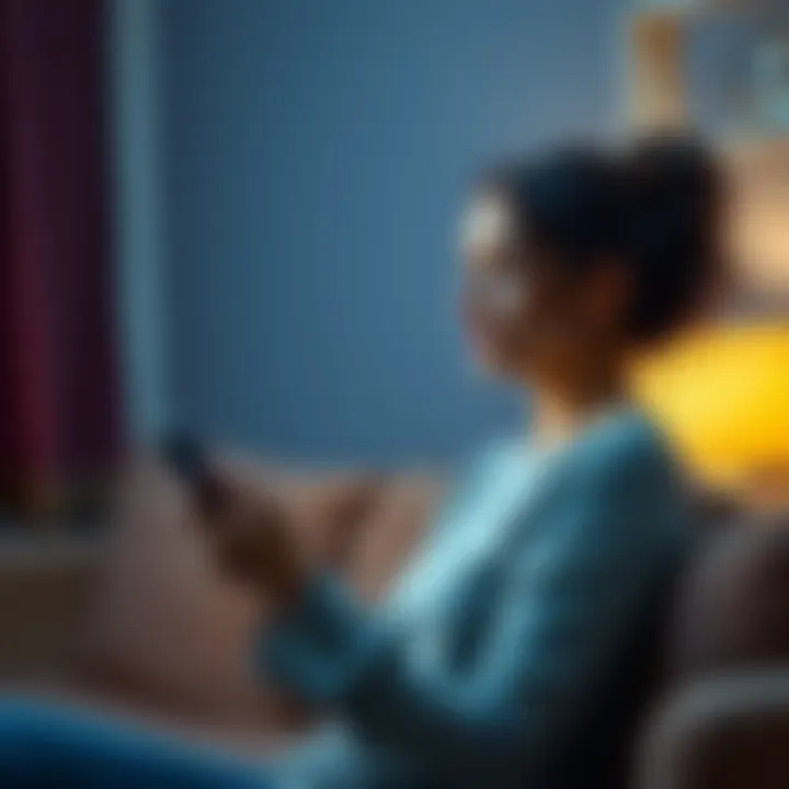 Woman contemplating a text message A woman sits on a couch, looking at her phone with a thoughtful expression, reflecting on a past relationship with a guy who has a girlfriend.