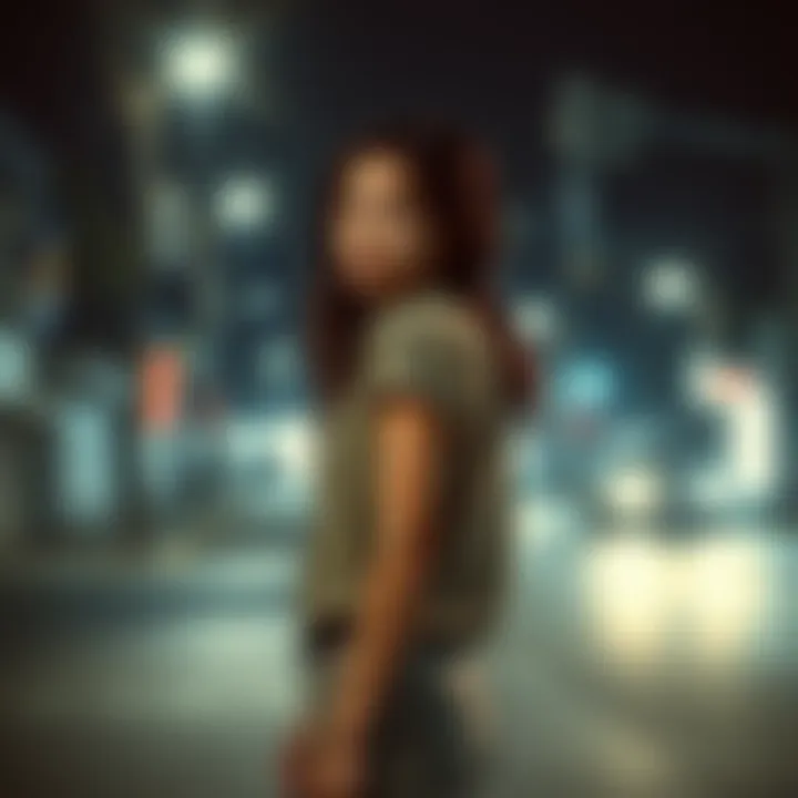 A young woman stands nervously on a dark street, glancing over her shoulder as if sensing someone behind her, with streetlights casting long shadows.