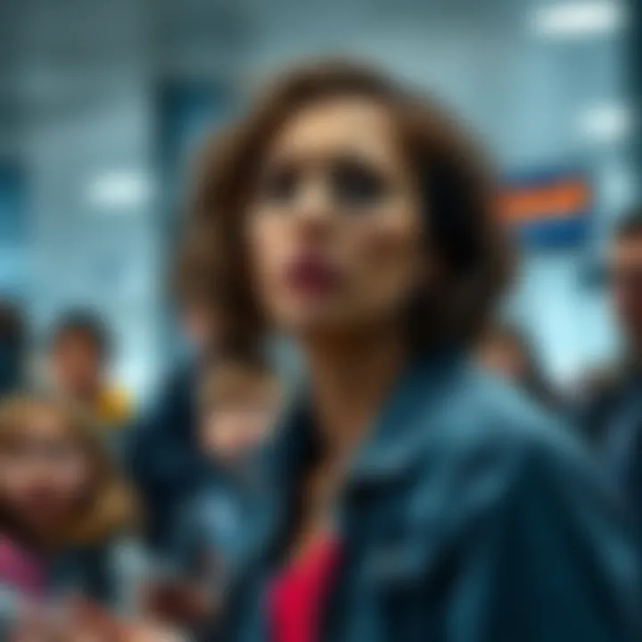 A woman in a crowded airport terminal pleading for help, with a worried expression on her face, while her children beside her appear frightened.
