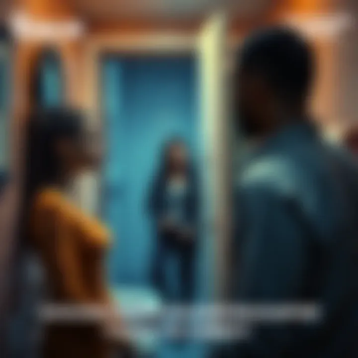 A startled man looks at a woman resembling his wife in a bathroom, while the real wife appears at the door, revealing the shocking confrontation.