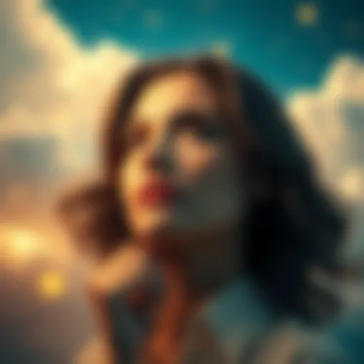 A woman with a thoughtful expression, surrounded by dream-like clouds and glowing stars, representing her ability to influence emotions in dreams.