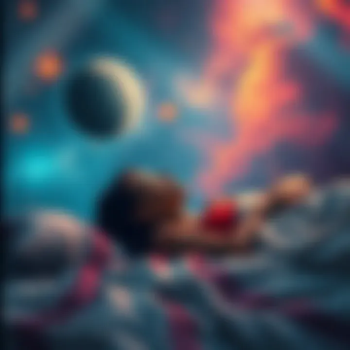 A woman lying on a bed, surrounded by colorful skies and stars, immersed in vivid dreams of a distant planet filled with memories of betrayal.