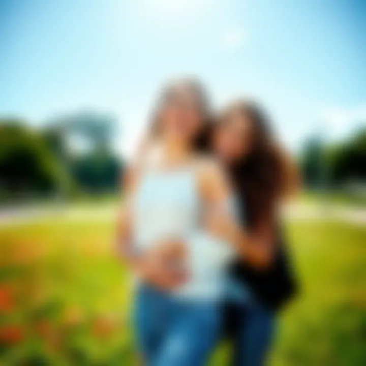 A joyful woman smiling while holding hands with a supermodel in a park, symbolizing love after divorce