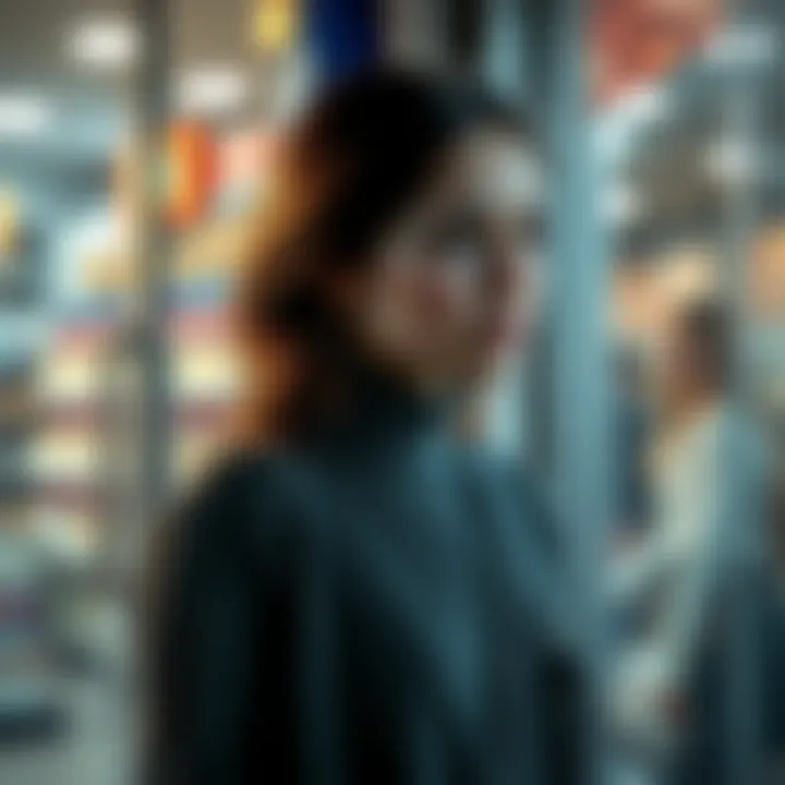 A woman stands outside a store, looking emotional with tears in her eyes, reflecting on her feelings after being overwhelmed by sadness from a stranger inside.