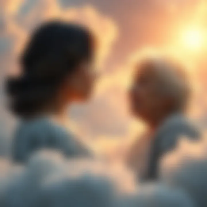 A woman in a bright dream space having a heartfelt conversation with her late grandmother, both looking peaceful and serene, surrounded by soft clouds and warm light