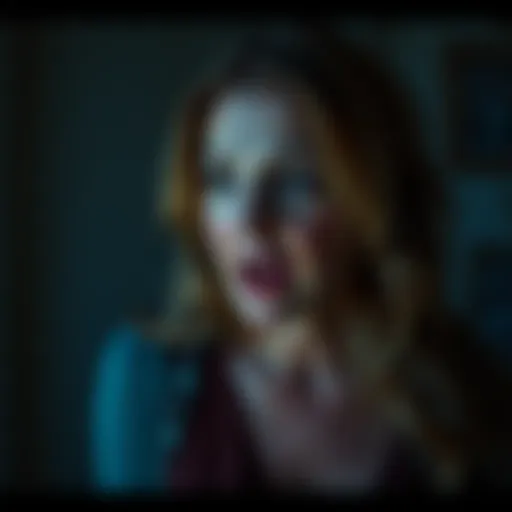 A Texas woman looks frightened while describing her childhood encounters with grey aliens in a dark room.