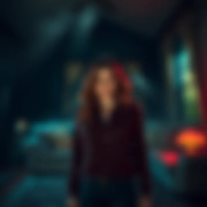 A woman stands in the dimly lit living room of a haunted house, looking curious and slightly apprehensive, with ghostly shadows in the background.