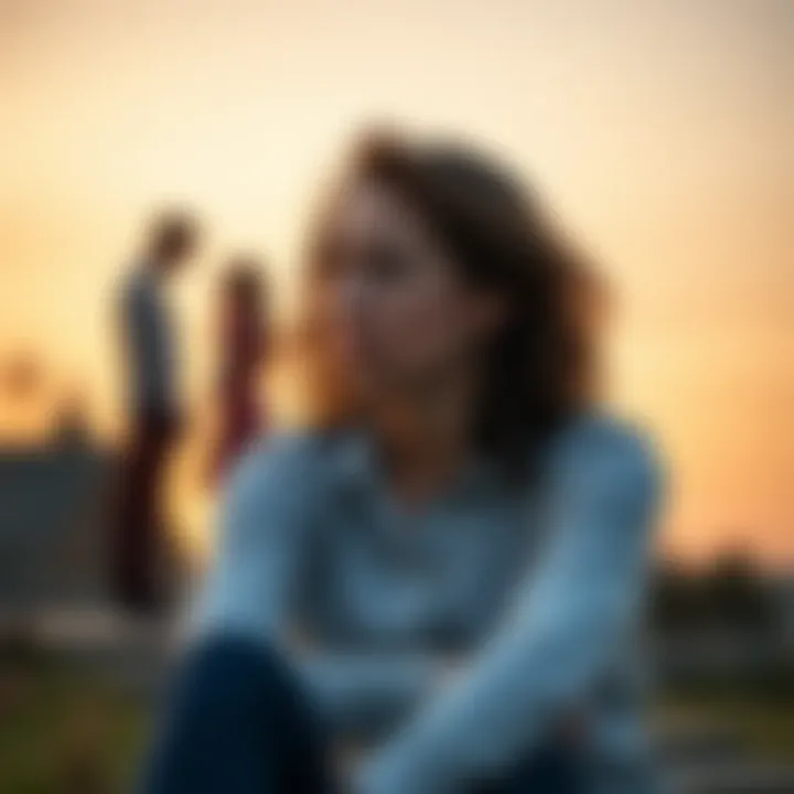 A woman sitting alone, looking sad with a distant gaze, reflecting on lost love as a couple holds hands in the background. She appears to be in deep thought, symbolizing her heartbreak after a love sp...