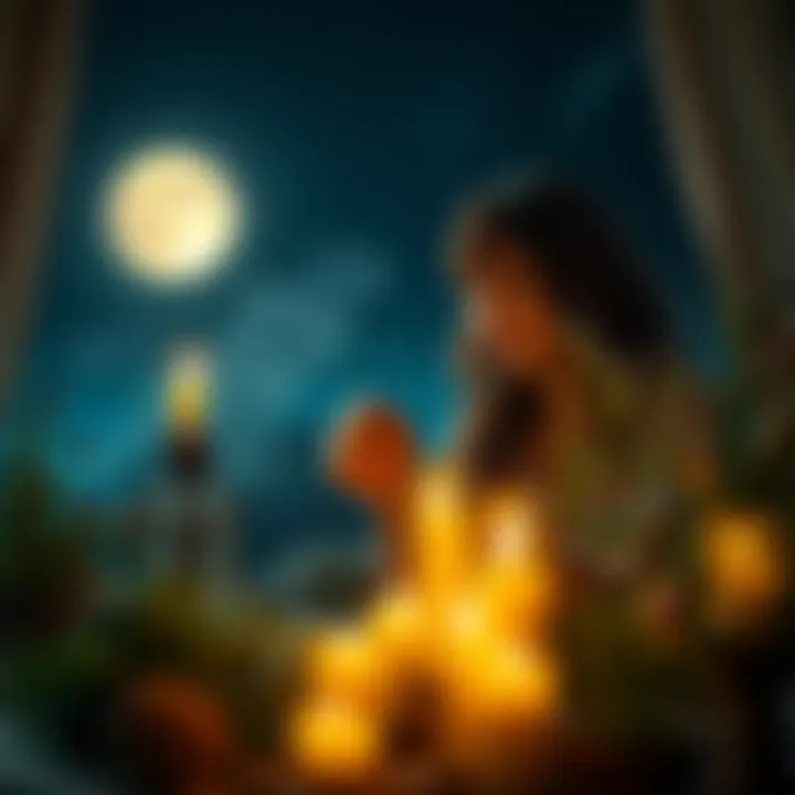 A woman surrounded by herbs and candles, engaging in a healing ritual for PCOS under the light of a full moon