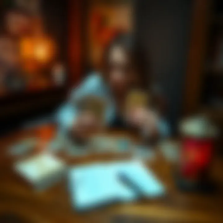 A woman sits at a table, surrounded by tarot cards, reflecting on her health journey, with a notebook and pen nearby.