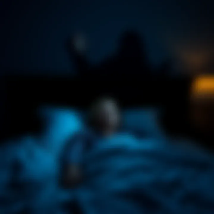 A woman lying in bed looks terrified as a dark, shadowy figure hovers nearby. The room is dimly lit, creating a spooky atmosphere.