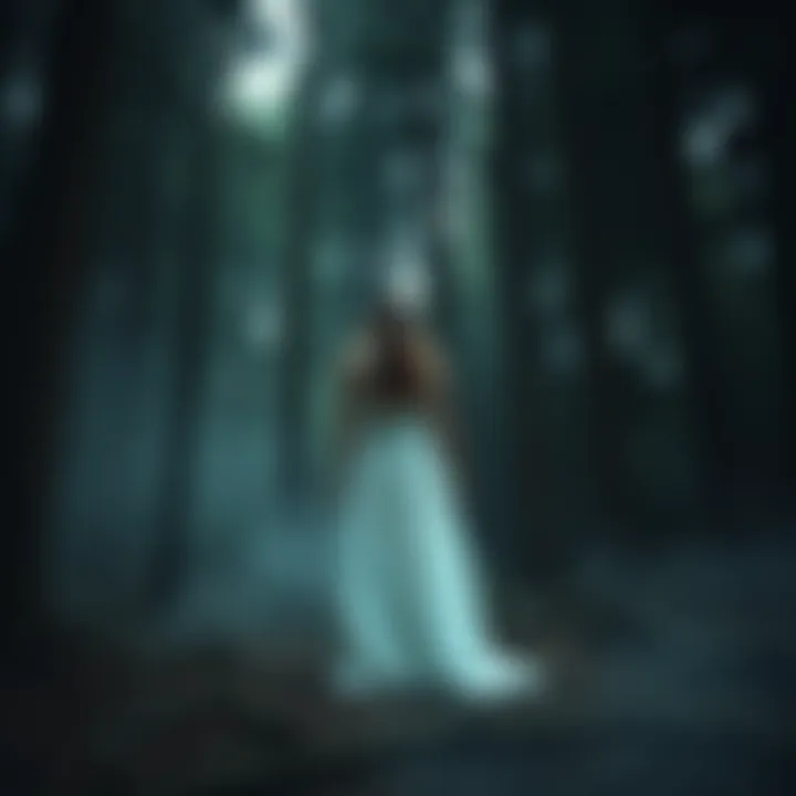 A figure in a white dress stands among dark trees in Witches Forest, creating an eerie atmosphere.