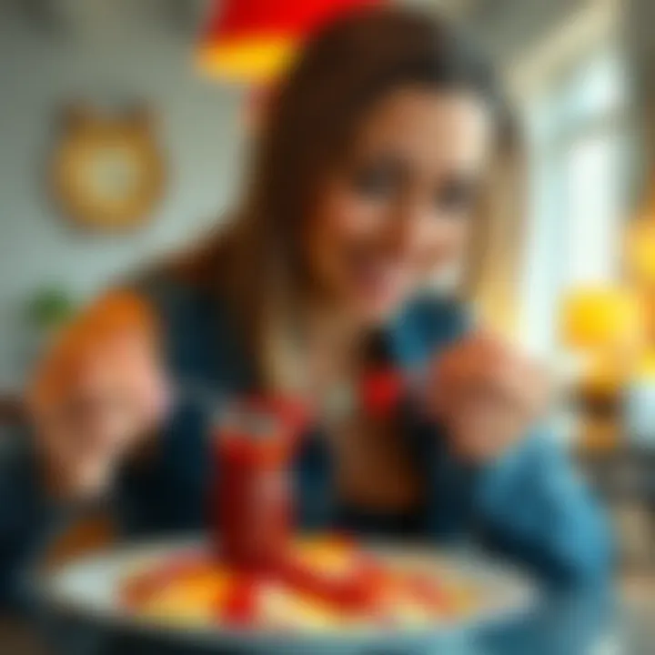 A woman smiling while adding ketchup to her plate of eggs, showing her new preference for this combination.